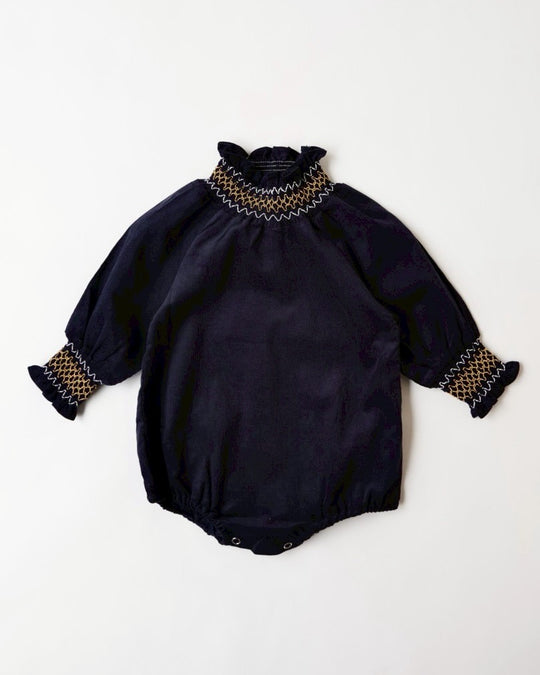 スモッキングピンコーデュロイロンパース