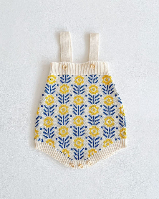 フラワージャガードコットンニットサロペット