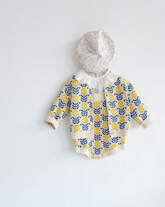 フラワージャガードコットンニットカーディガン