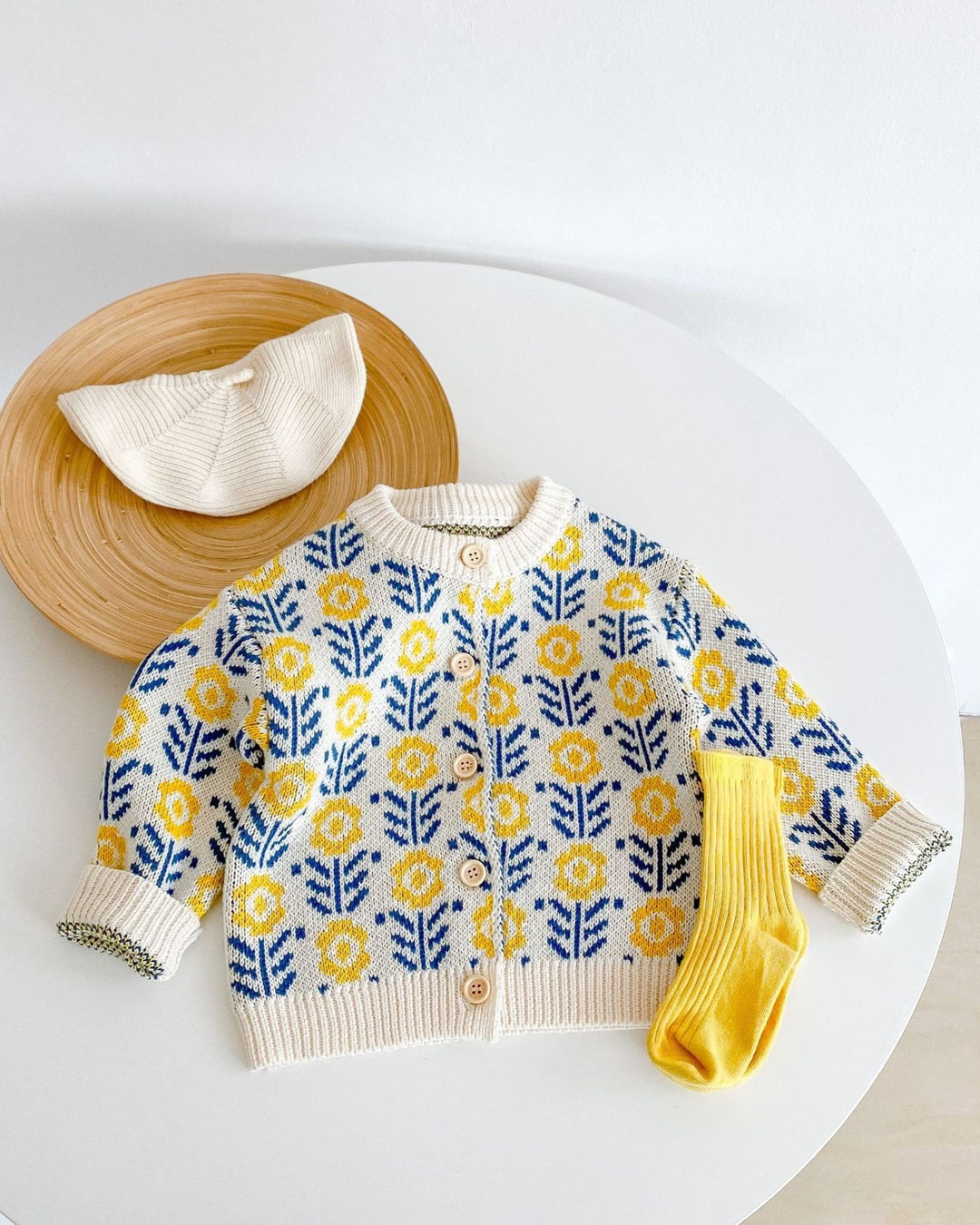 フラワージャガードコットンニットカーディガン