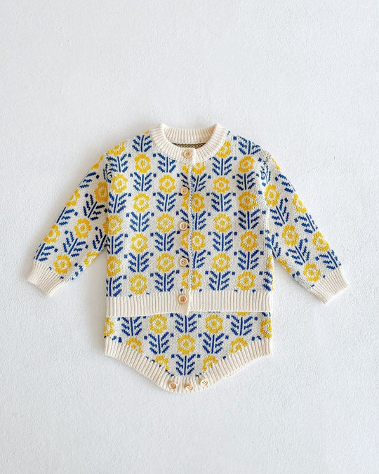 フラワージャガードコットンニットカーディガン