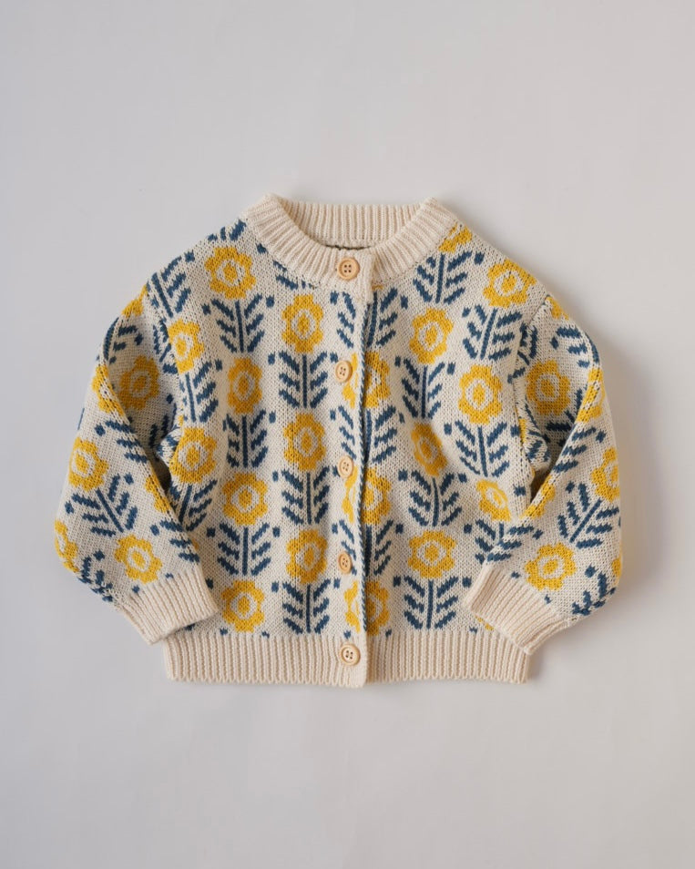 フラワージャガードコットンニットカーディガン