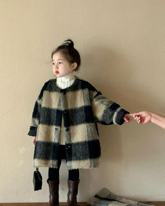 マフラー付きシャギーウールチェックコート