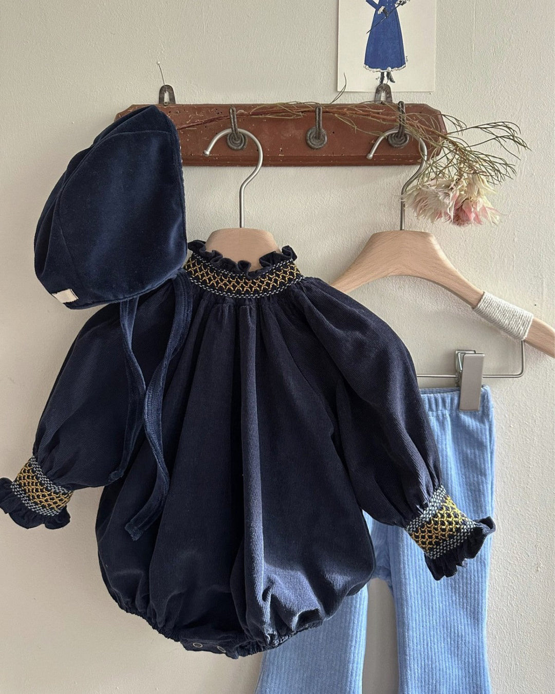 スモッキングピンコーデュロイロンパース