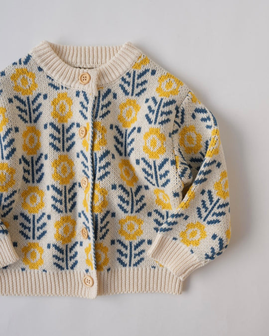 フラワージャガードコットンニットカーディガン