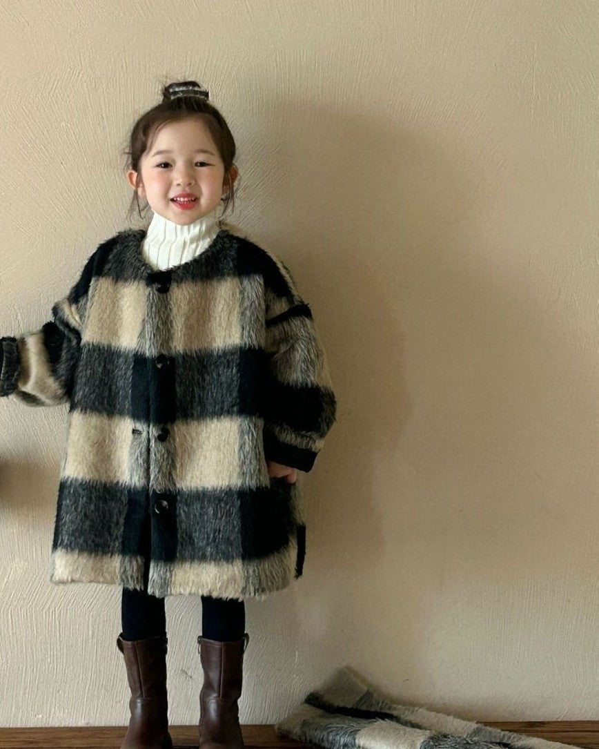 マフラー付きシャギーウールチェックコート