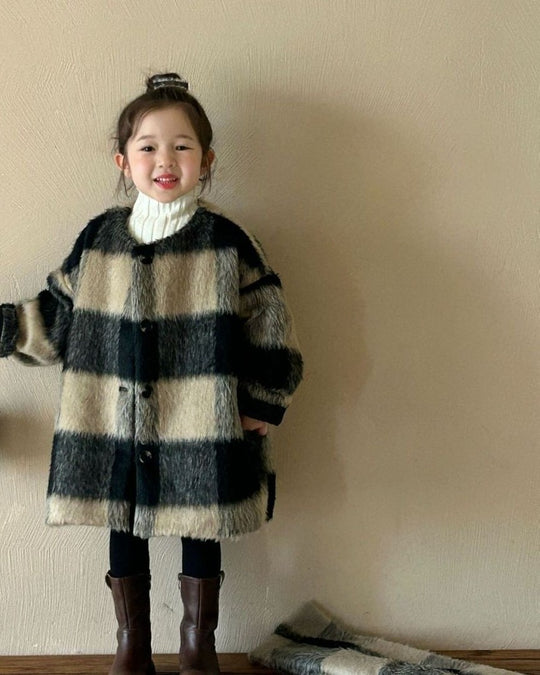 マフラー付きシャギーウールチェックコート