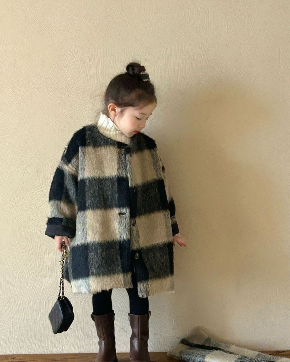 マフラー付きシャギーウールチェックコート