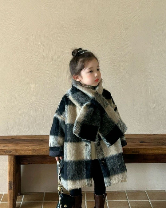 マフラー付きシャギーウールチェックコート