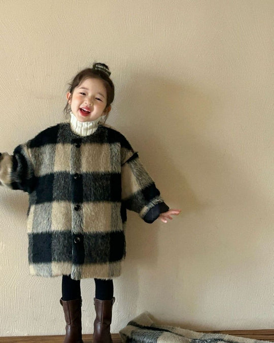 マフラー付きシャギーウールチェックコート