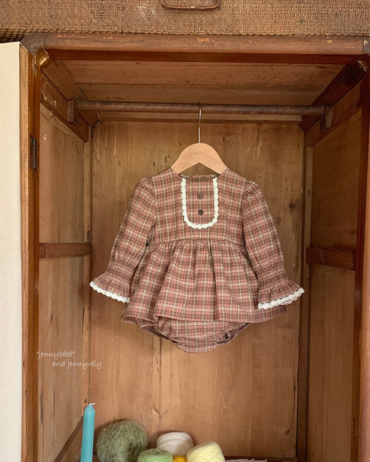 ギャザースリーブチェックロンパース