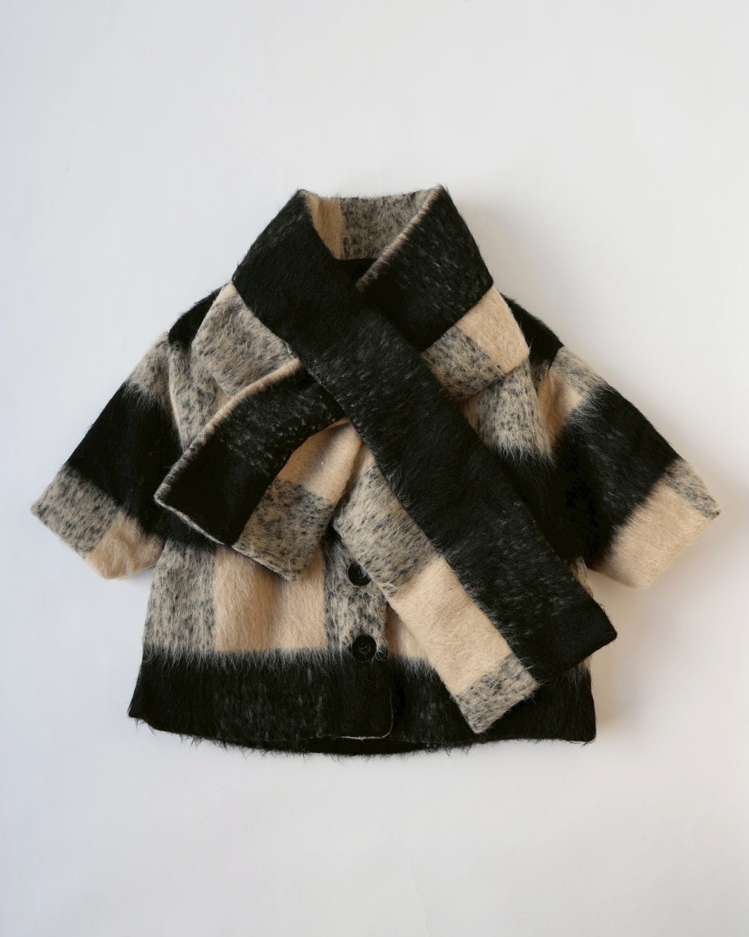 マフラー付きシャギーウールチェックコート