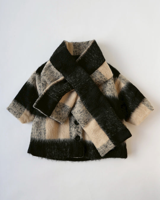 マフラー付きシャギーウールチェックコート