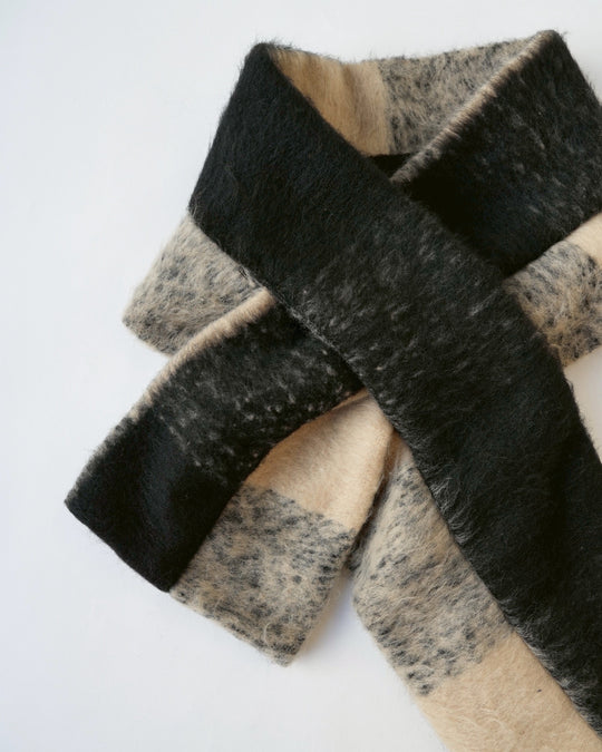 マフラー付きシャギーウールチェックコート