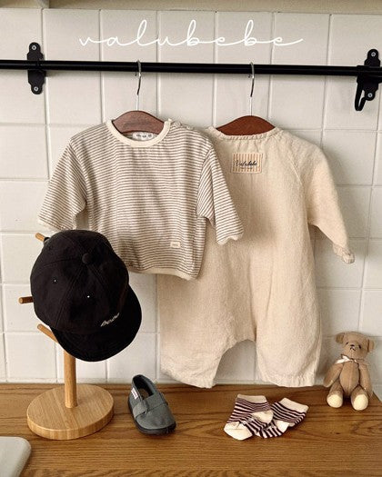 予約[valubebe]ストライプ肩ボタンT